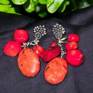 BARSE THAI ORANGE RED SPONGE CORAL STERLING SILVER DANGLE EARRINGS Drop Boho